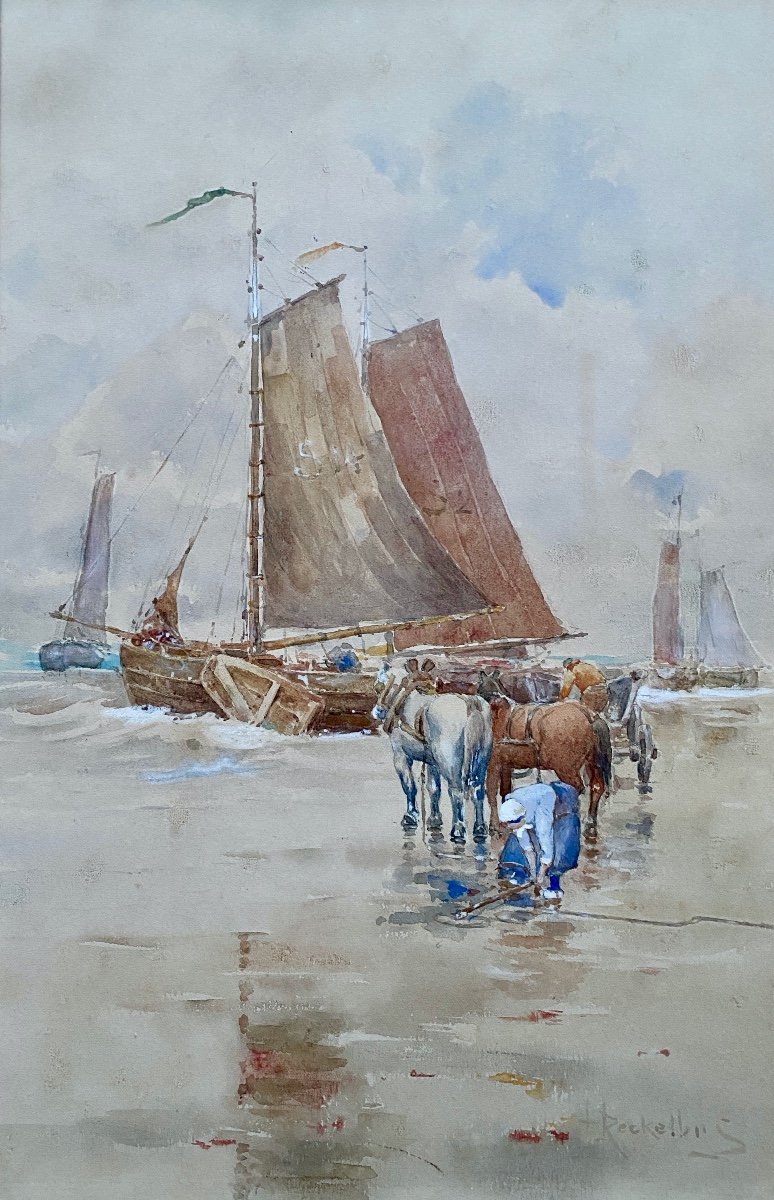 Fisherman Unloading His Catch At Scheveningen Beach, Reckelbus Louis, Bruges 1864 - 1958-photo-2