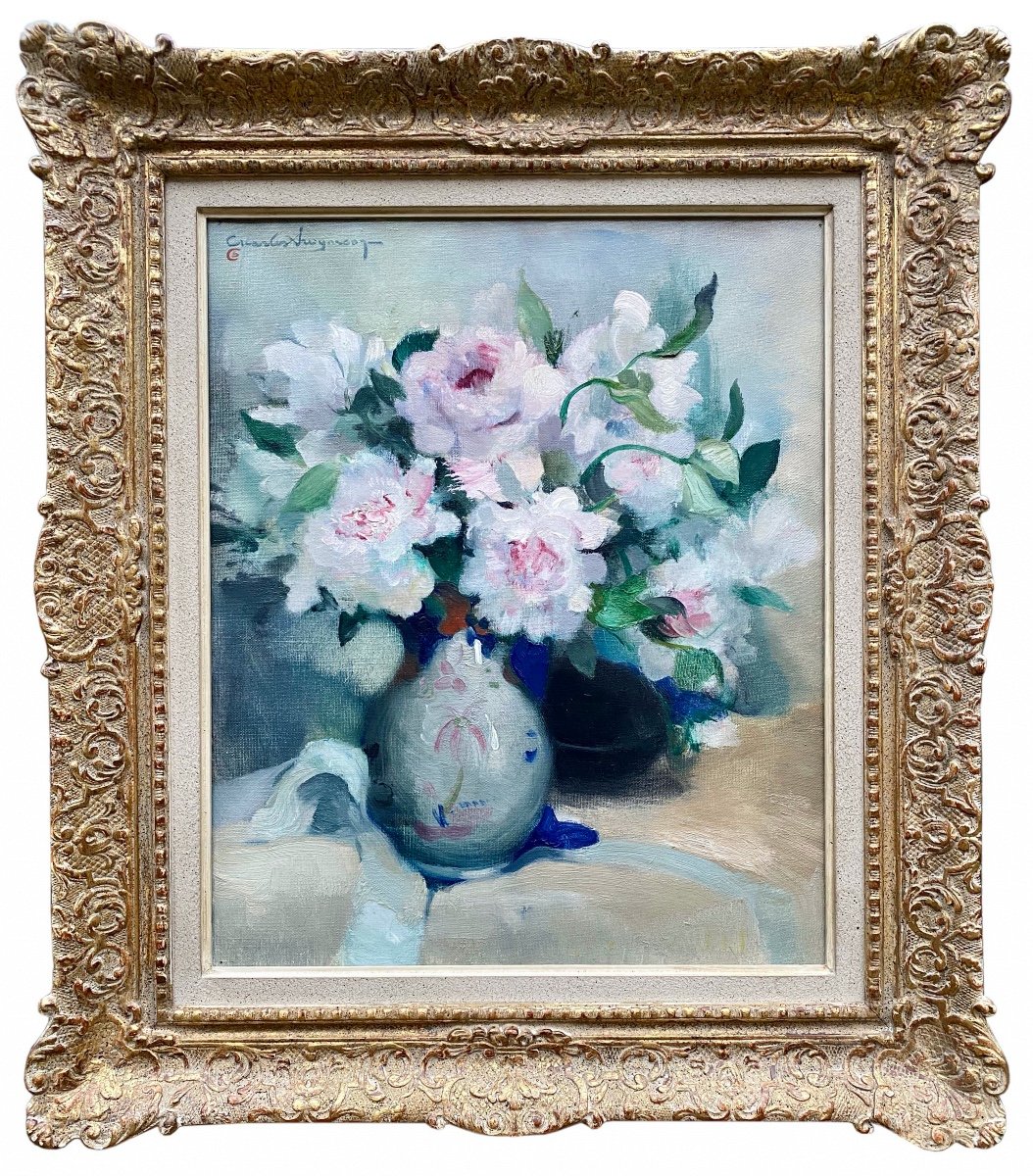 White And Pink Peonies In A Vase, Swyncop Charles, Brussels 1895 - 1970