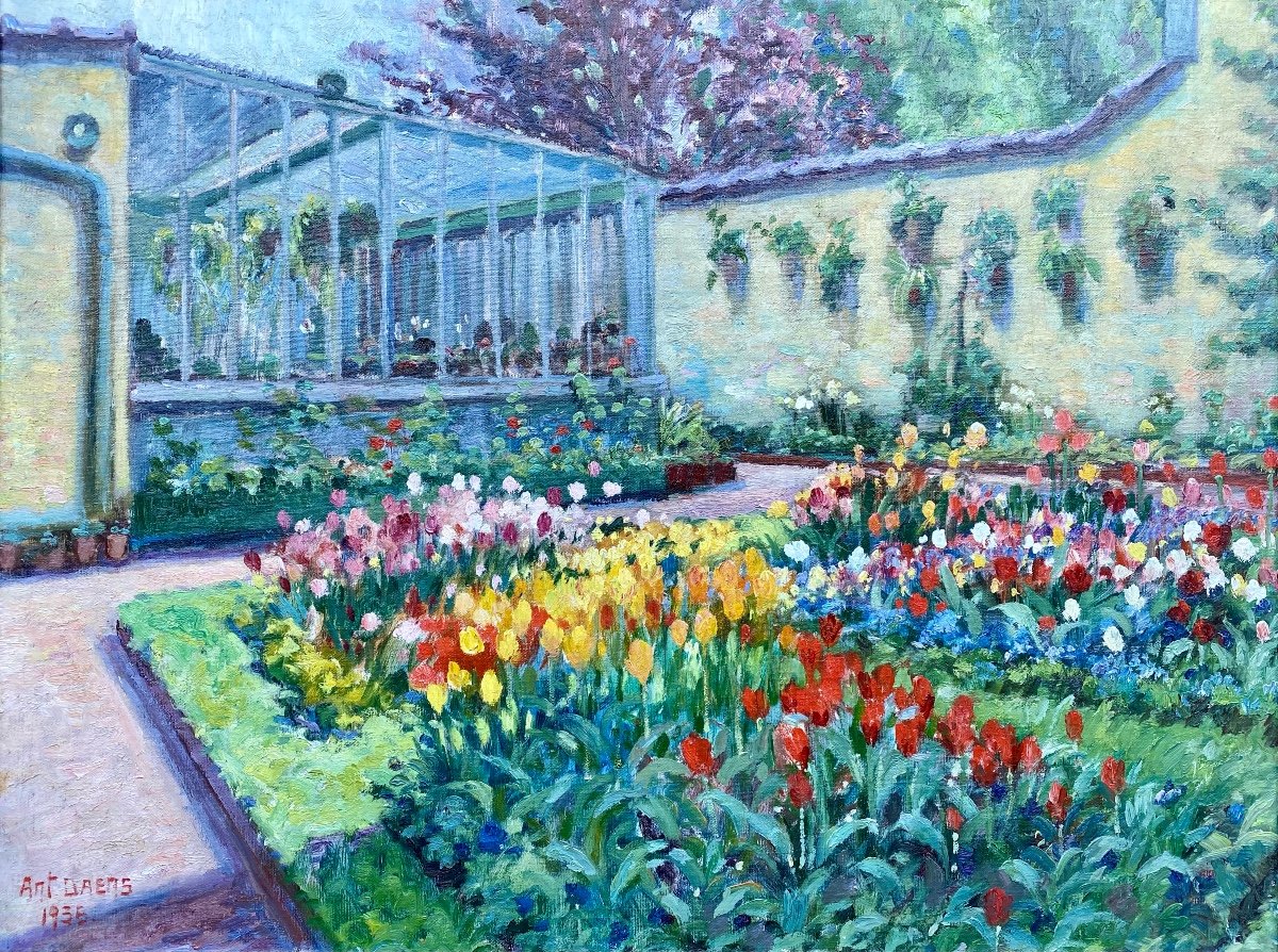 Jardin Avec Des Tulipes, Daens Antoine, Bruxelles 1871 - 1946, École Belge-photo-2