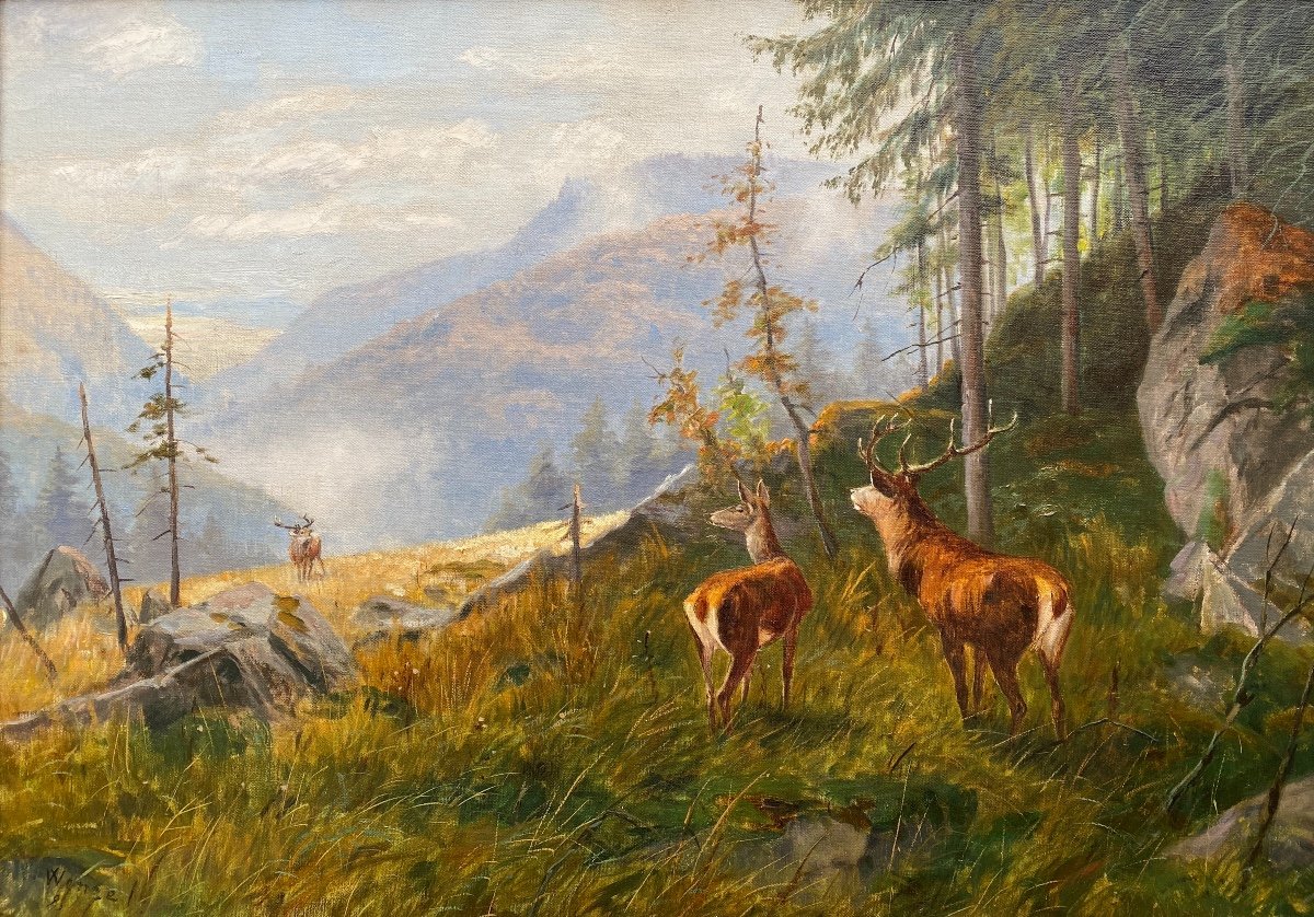 Deer In A Mountain Landscape, Wenzel Karl-heinz, 20th Century-photo-2