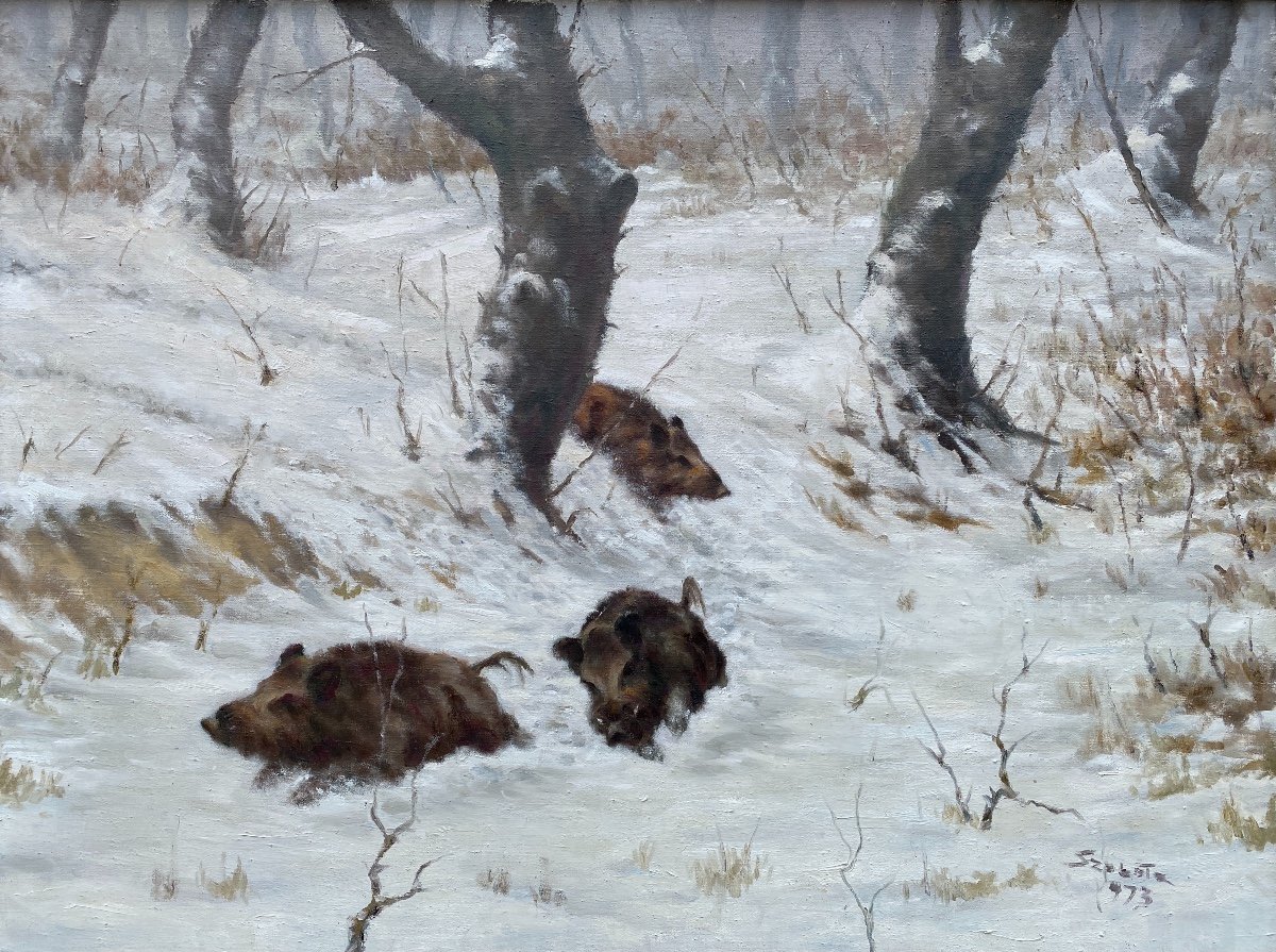 Sangliers Dans Une Forêt d'Hiver, Szobota István, 1911 - 1994, Peintre Hongrois-photo-2