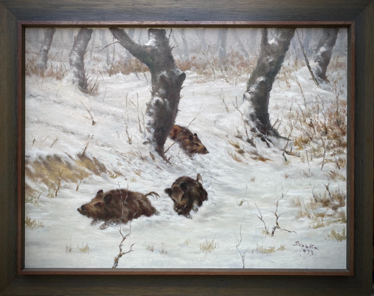 Sangliers Dans Une Forêt d'Hiver, Szobota István, 1911 - 1994, Peintre Hongrois