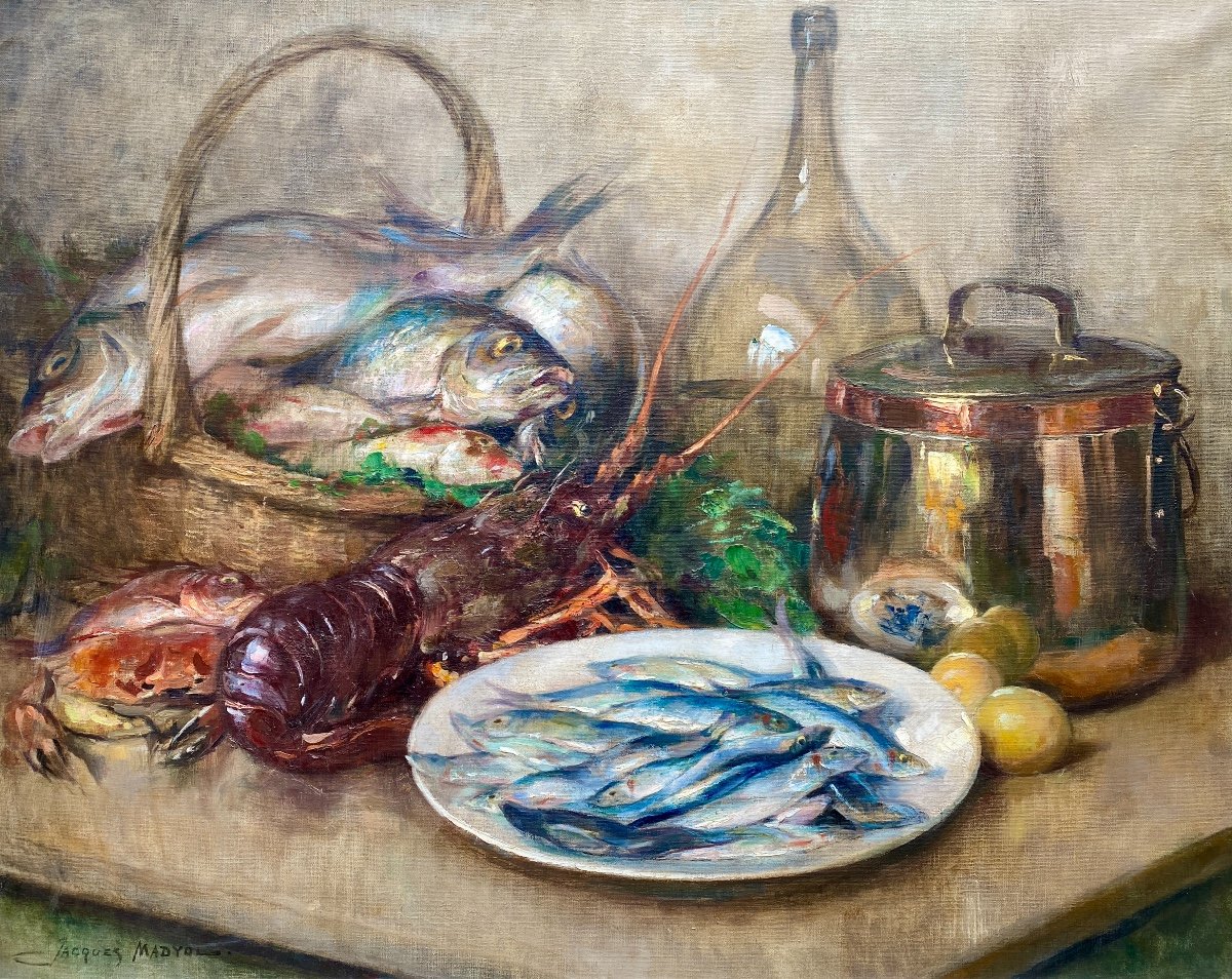 Nature morte aux fruits de mer méditerranéens, Madyol Jacques, Bruxelles 1871 - 1950, Peintre Belge-photo-2