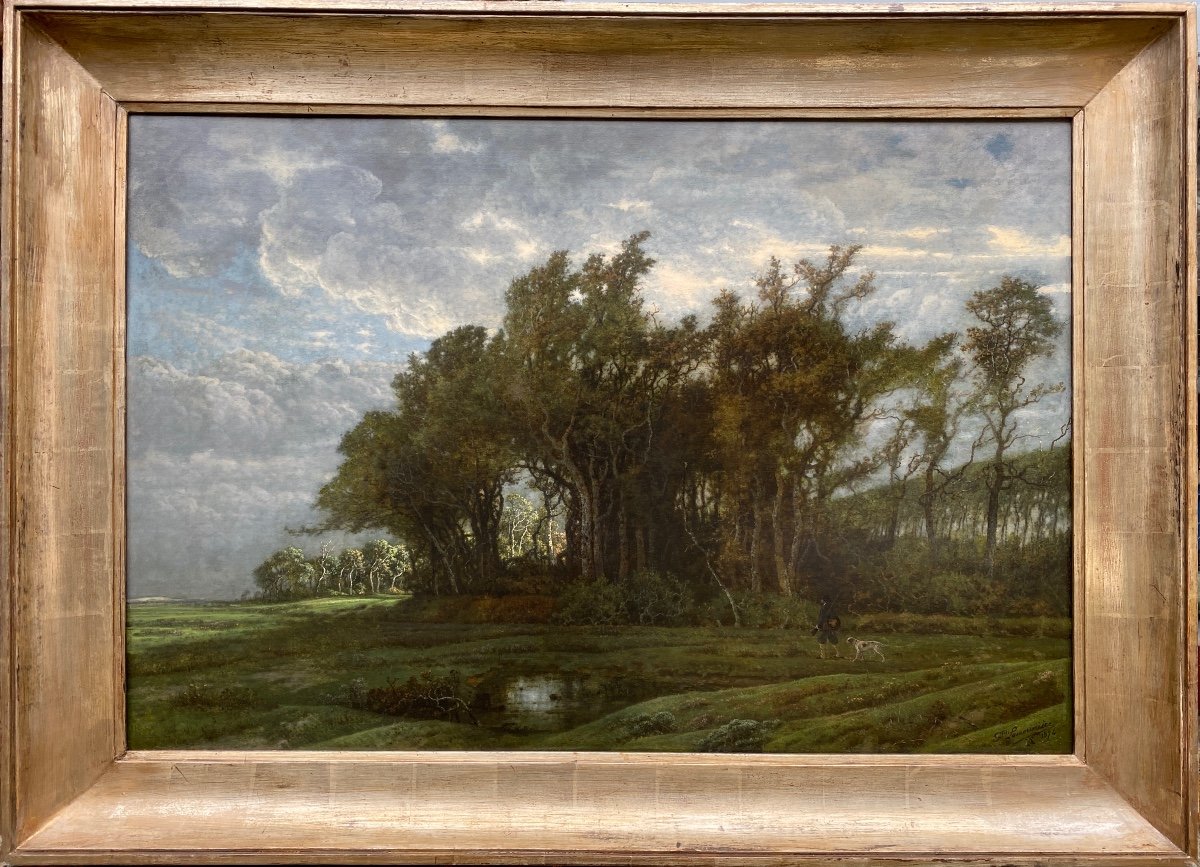 Lamorinière François, Anvers 1828 - 1911, Peintre Belg, "Paysage avec un Chasseur et son Chien"