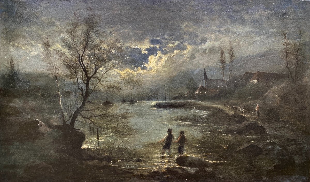 Moerenhout Edouard, 19th Century, Belgian Painter, “fishing In The River Meuse”, Oil On Mahogany Panel