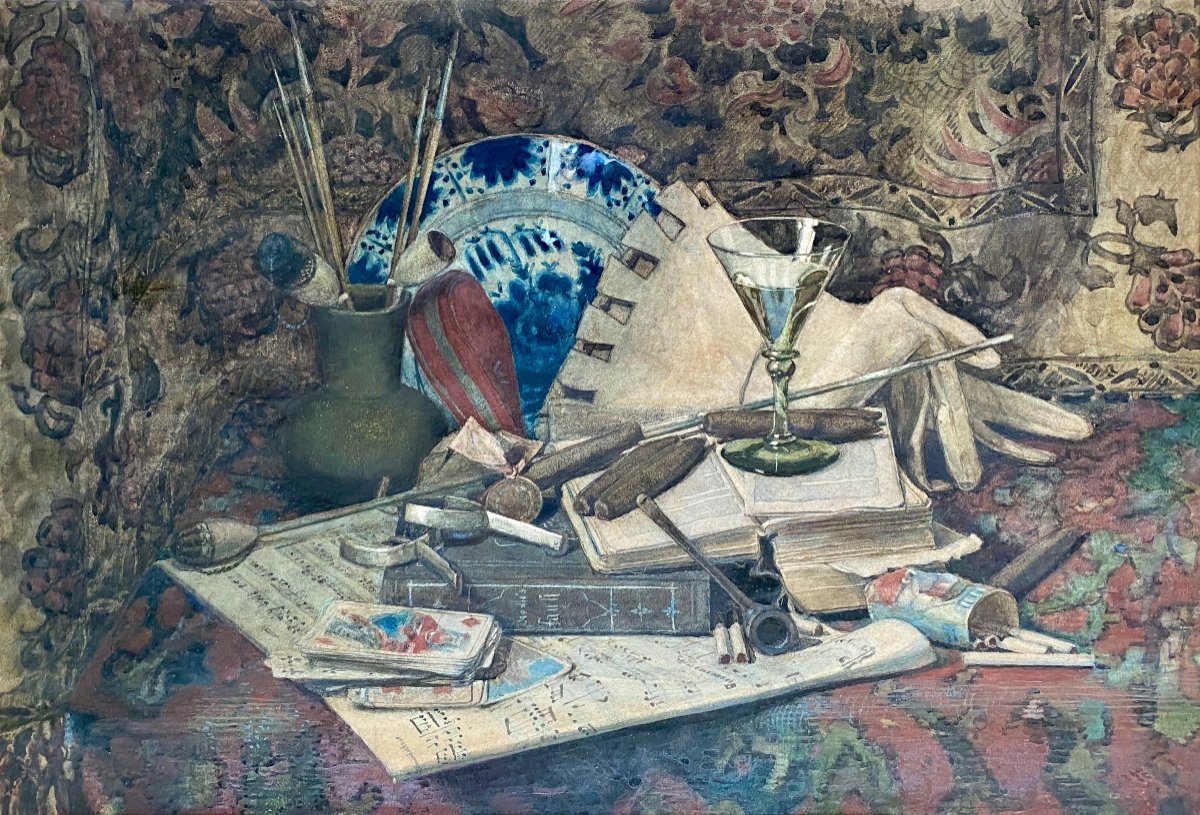 Nature Morte Avec Un Cigare, Des Cartes à Jouer Et Une Assiette De Delft-photo-2