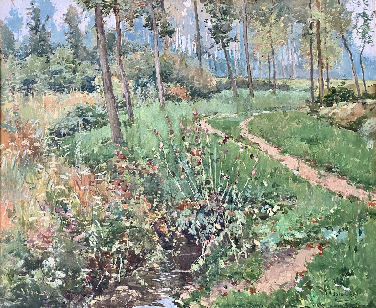 Victor Wagemaekers, Bruxelles 1876 - 1953, Peintre Belge, Une Route à Travers Une Forêt-photo-2