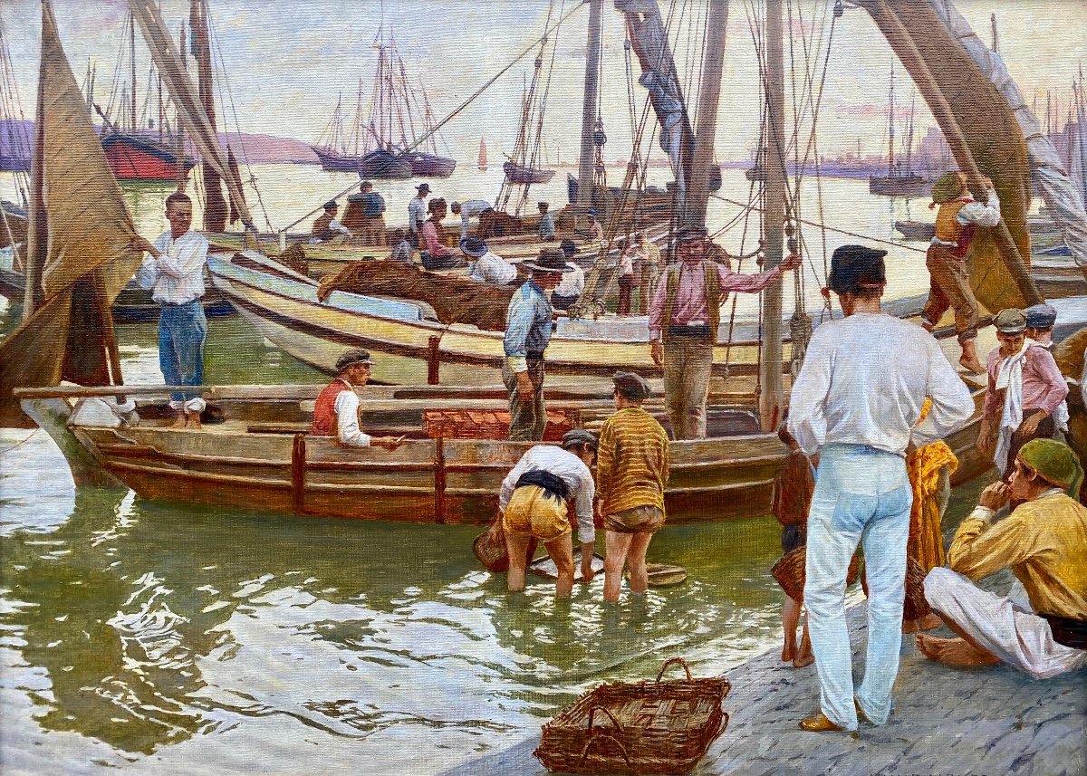 Kunz Meyer - Waldeck, 1859 –1953, Fishermen Boats In Harbour Of Cascais, Portugal-photo-2