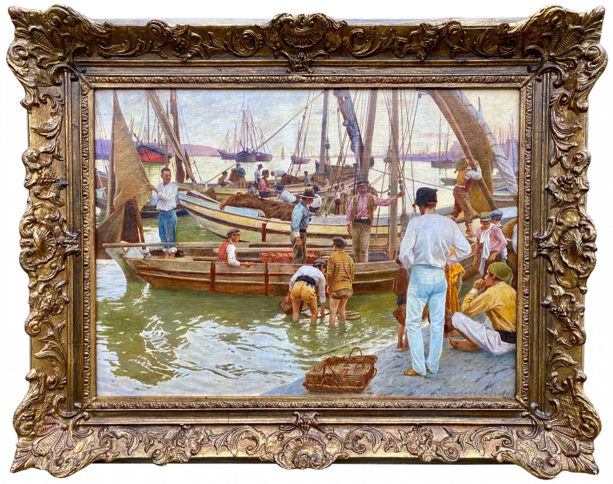 Kunz Meyer - Waldeck, 1859 –1953, Fishermen Boats In Harbour Of Cascais, Portugal