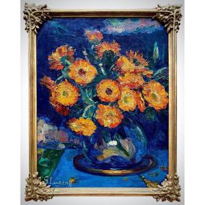 Vase Of Orange Gerberas, Hubert Glansdorff, Brussels 1877 – 1963 Knokke, Belgian, Signed