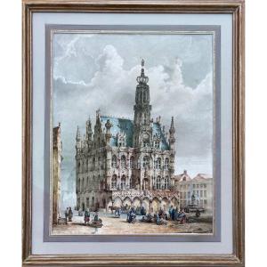 Market Scene Of Oudenaarde, Simonau Gustave, Bruges 1810 – 1870 Brussels, Belgian Painter