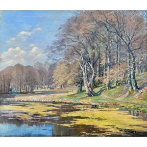 Au Bord Du Lac, Keller Adolphe, Bruxelles 1880 - 1968, Peintre Belge, Signé En Bas à Droite