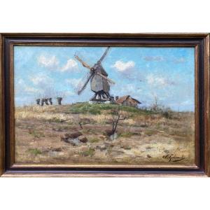 Victor Gilsoul, Bruxelles 1867 - 1943, Peintre Belge , Paysage Avec Moulin, Huile Sur Toile
