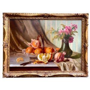 Edward Van Ryswyck, Anvers 1871 - 1931, Peintre Belge, Nature Morte Aux Oranges Et Aux Fleurs