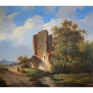 Andreas Schelfhout, Dutch Painter, The Hague 1787 - 1870, Summer Landscape By A Ruin