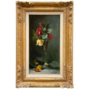 Hubert Bellis, Bruxelles 1831 – 1902, Peintre Belge, Roses Rouges Et Jaunes