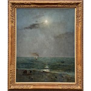 Alfred Stevens, Bruxelles 1823 - 1906 Paris, Clair De Lune Sur La Mer, Signée Et Datée 92