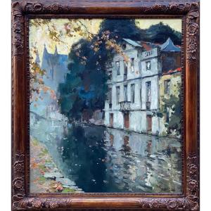 Julien Celos, Antwerp 1884 – 1953, Belgian Painter, View Of A Bruges Canal - Groenerei