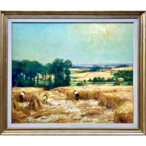 Marcel Pire, 1913 – 1981, Belgian Painter, Wheat Field With Working Farmers