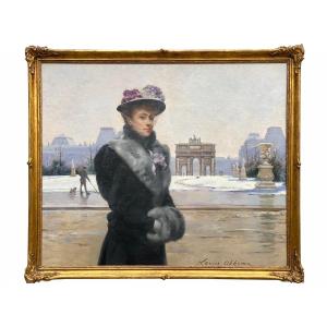 Louise Abbéma, 1853 - 1927, Peintre Française, 'Dame à Paris Par Une Journée d'Hiver'