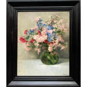 Victor Abeloos,  Bruxelles 1881 – 1965, Peintre Belge , 'Bouquet De Fleurs Dans Un Vase Vert'