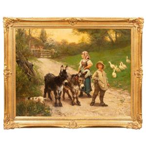Edgar Bundy, Brighton 1862 – 1922 London, 'peasant Children Walking The Donkeys', Signed 1885