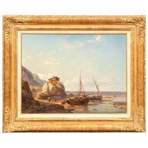 Johan Hendrik Meijer (1809 – 1866) -  Anse des pêcheurs avec deux bateaux de pêche sur la plage
