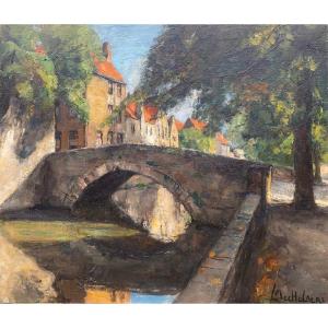 Leo Mechelaere (bruges 1880 – 1964 Erlangen), Belgian Painter, Bruges School - View Of Bruges
