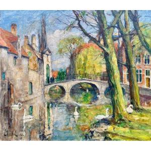 Leo Mechelaere ( Bruges 1880 – 1964 Erlangen), Belgian - Swans Of Bruges – Beguinage Bridge
