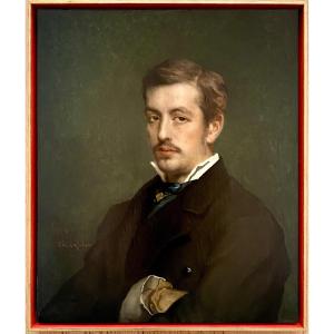  Jean François  Portaels (1818 – 1895 ) - Portrait d'Un Homme En Manteau Noir
