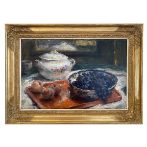 Frans Mortelmans (1865 – Anvers – 1936) - ' Nature Morte Au Vase En Porcelaine Et Aux Fruits '