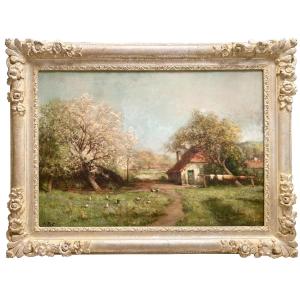Adolphe Poot (1924 – 2006) Peintre belge - « Ferme au printemps »