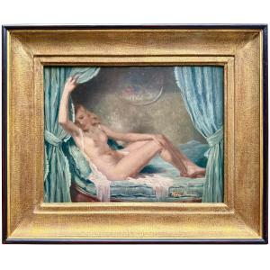 Henri Joseph Thomas (1878 – Brussels – 1972) - ' Female Nude Behind Blue Curtains '