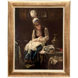 Edward Portielje ( 1861 – Anvers – 1949 ) Peintre belgo-néerlandais  - ' Mère et enfant '