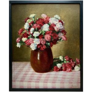 Victor Abeloos (1881 – Bruxelles – 1965) - « Bouquet d’œillets sur une nappe à carreaux Vichy »