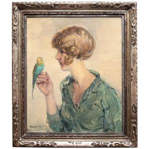Charles Michel  (liège 1874 – 1967 Mexico)  - « Lady With A Parakeet »