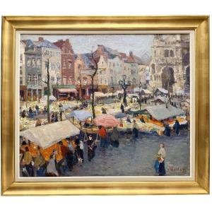Adolphe Keller (1880 – 1968) - « Marché sur la place Sainte-Catherine, Bruxelles 1930 »