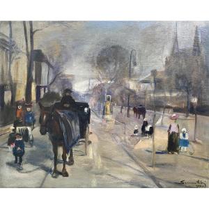 20th Century Artist - ' Paris Street Scene With A Horse Carriage'