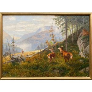 Deer In A Mountain Landscape, Wenzel Karl-heinz, 20th Century