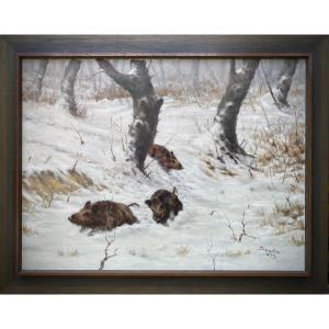 Sangliers Dans Une Forêt d'Hiver, Szobota István, 1911 - 1994, Peintre Hongrois