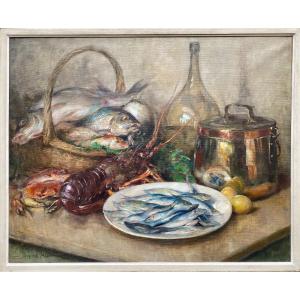 Nature morte aux fruits de mer méditerranéens, Madyol Jacques, Bruxelles 1871 - 1950, Peintre Belge