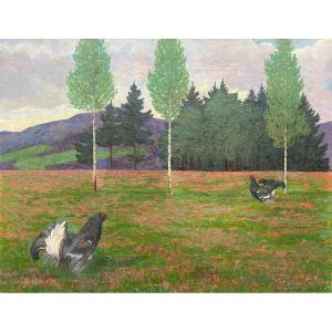 Un Paysage Avec Deux Coqs, Hoess Eugen, Immenstadt 1866 - 1955 Langenwang, Peintre Allemand