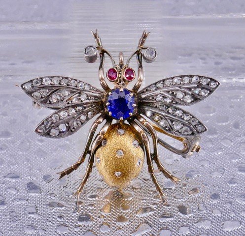 Broche Abeille Diamants Rubis Saphir XIX ème Siècle -photo-2