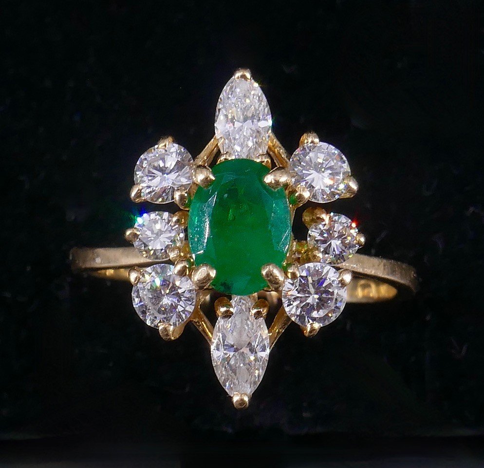 Emerald And Diamond Navette Ring
