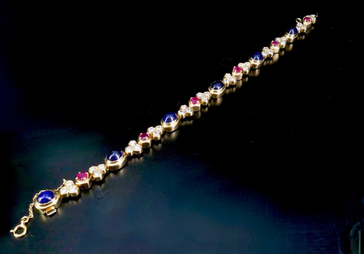 Bracelet Rivière  Or Jaune Saphirs Cabochons Rubis Et Diamants -photo-4