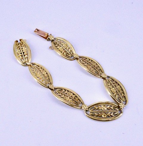 Gold Bracelet Olive Links Floral Motifs Late 19th Century-photo-3