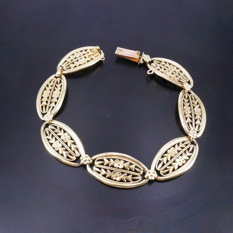 Gold Bracelet Olive Links Floral Motifs Late 19th Century-photo-2