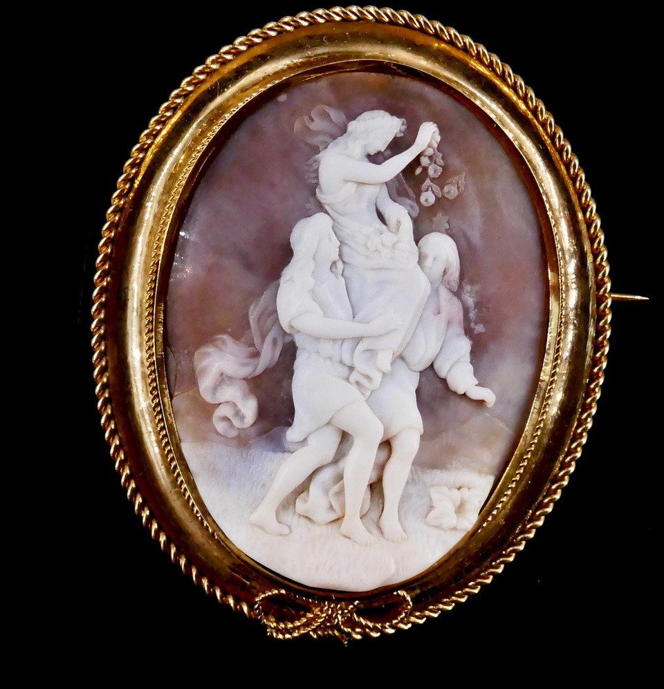Grand Camée Or Coquillage Scène De Fête Champêtre XIX ème 