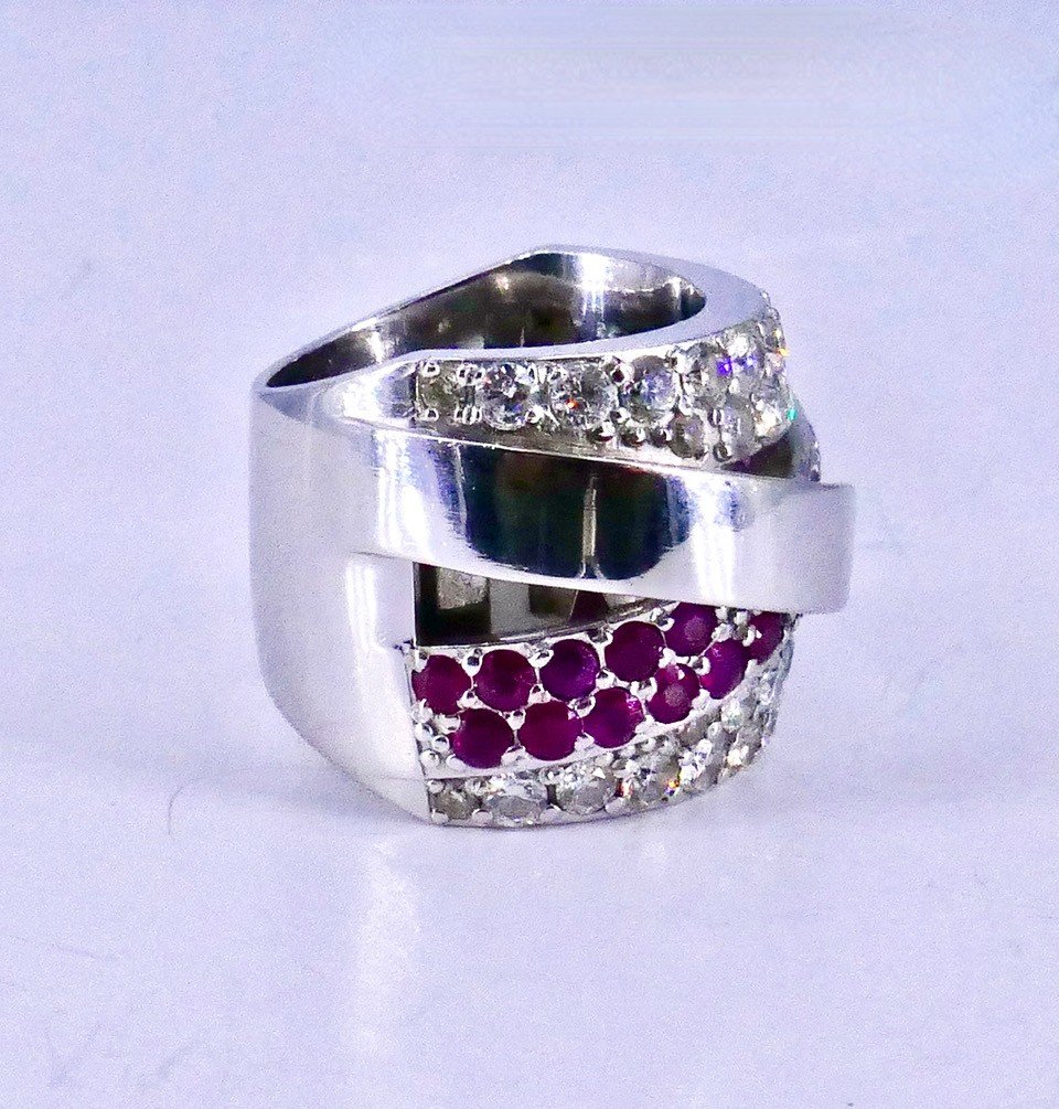 Large Bague Or Gris Diamants  Et Rubis-photo-2