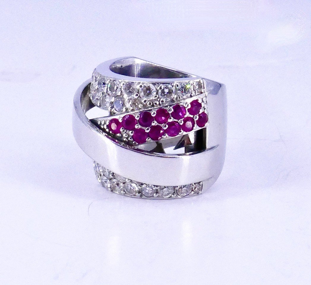 Large Bague Or Gris Diamants  Et Rubis-photo-1